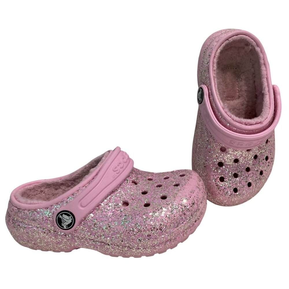 Crocs Lined Clogs Little Girls 8 Slip On Shoes Pink Silver Sparkle Faux Fur